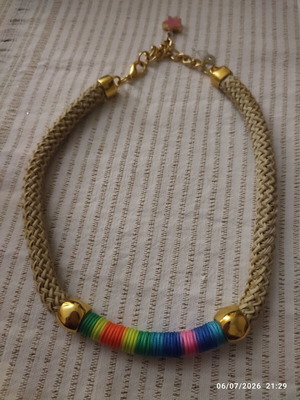 Boho Necklace new, braided rope with rainbow thread and gold details