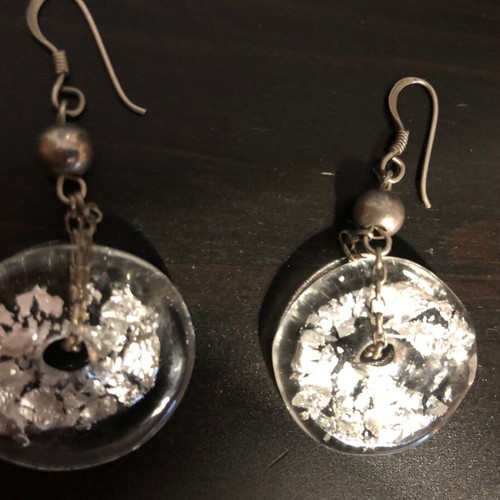 Earrings used, dangling with silver leaf transparent