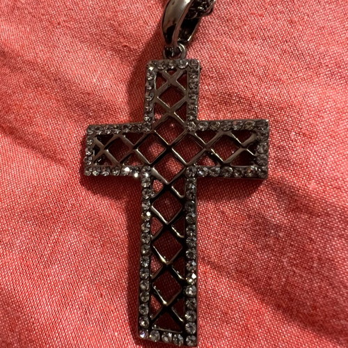 Steel cross necklace with crystal detail like new, black