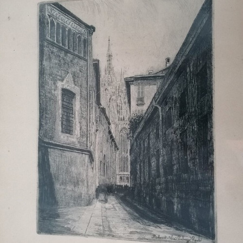 Milano woodcut signed artwork used, framed 22x30cm