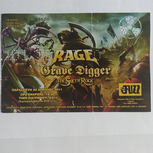 Rage and Grave Digger Concert Ticket like new, 29-4-2011