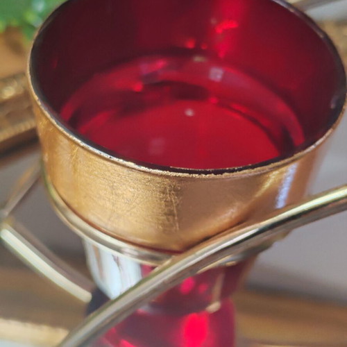 Vintage Carousel candle holder for 3 tealight candles, ruby glass and gold