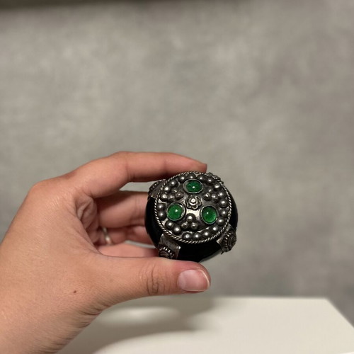 Vintage silver-plated decorative box with green glass and stones