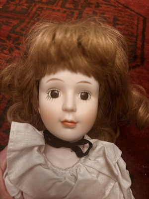 Vintage Porcelain Doll 1980s used, pink romantic dress