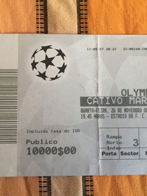 Εισιτήριο αγώνα Πόρτο Ολυμπιακός 1997 μεταχειρισμένο