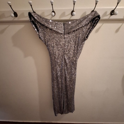 Zic Zac Midi Silver Sequin Dress New, Size M, Fitted, Off Shoulder