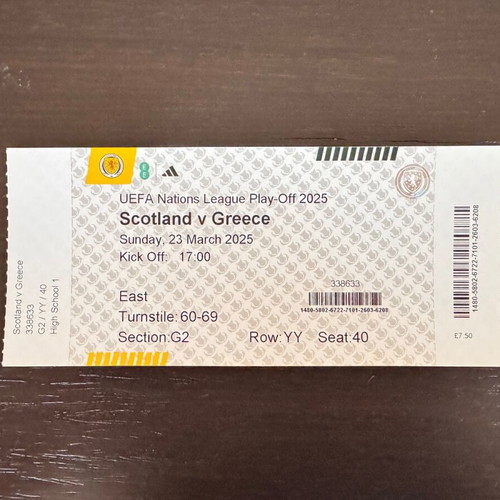 Ticket from historic Scotland 0-3 Greece match like new