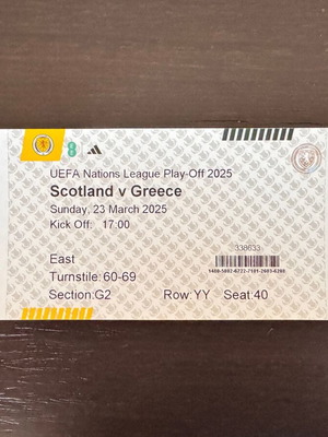 Ticket from historic Scotland 0-3 Greece match like new