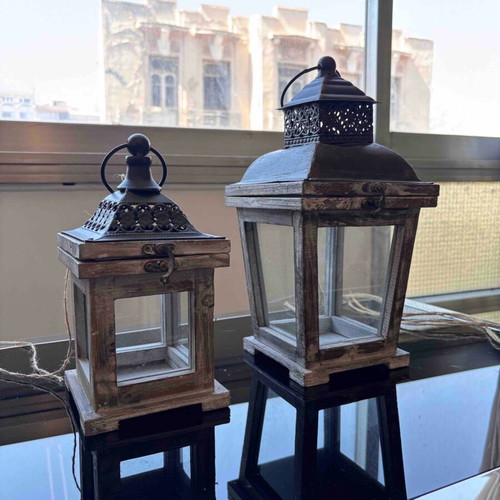 Decorative lanterns like new, set of two, wood and metal