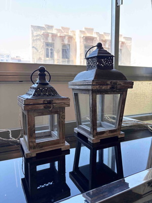 Decorative lanterns like new, set of two, wood and metal