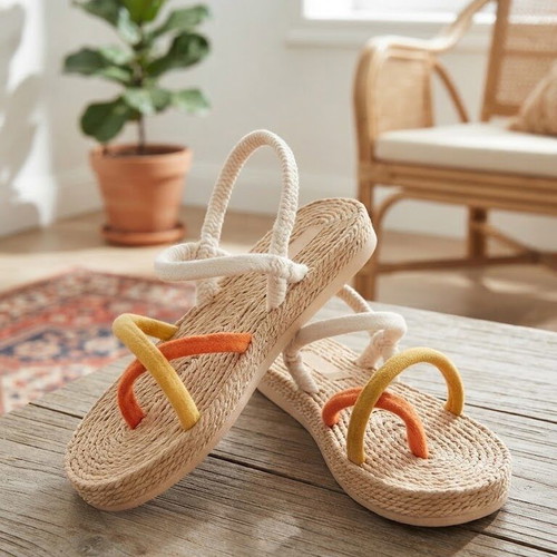 Boho Chic straw sandals, size 38, orange and yellow straps