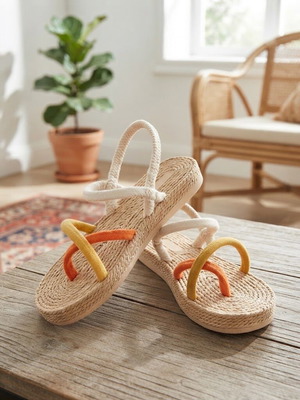 Boho Chic straw sandals, size 38, orange and yellow straps