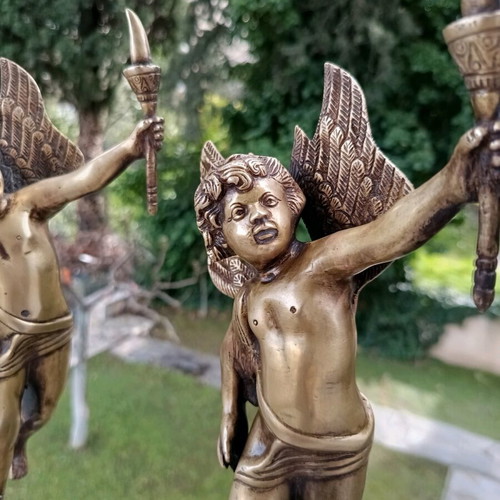 Bronze antique statues pair like new, winged angels with torches 1820
