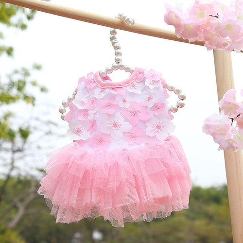 Lilly dog dress new, size XS with white and pink flowers and pink tulle