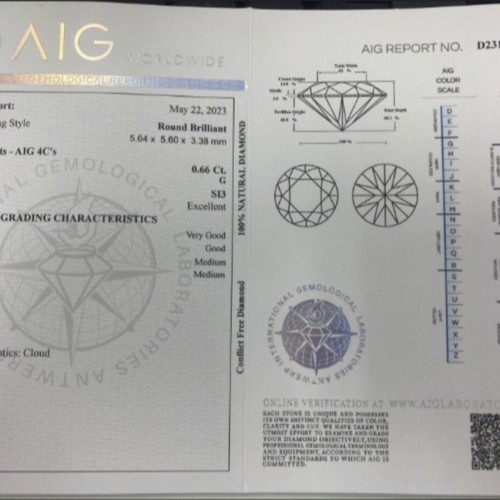 Natural diamond 0.66ct round brilliant, G color, SI3 clarity