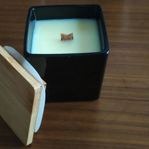 Handmade soy candle in glass container with wooden lid made to order
