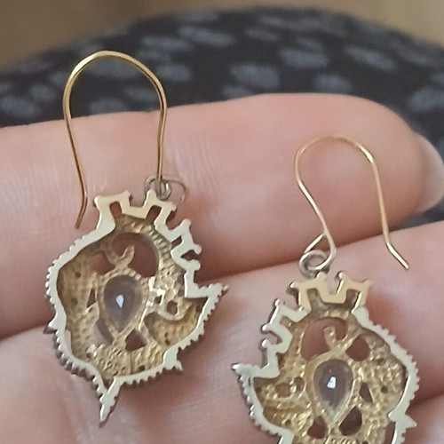 Earrings with semiprecious stones and vintage diamonds in 925 silver and 9k gold