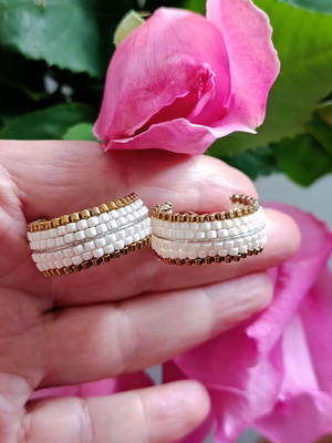 Handmade Miyuki bead hoop earrings made to order, beige and gold