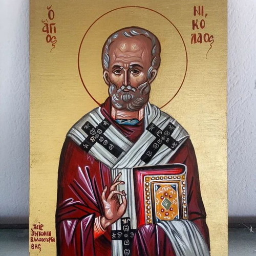 Saint Nicholas Byzantine Icon on Plywood with Gold Color