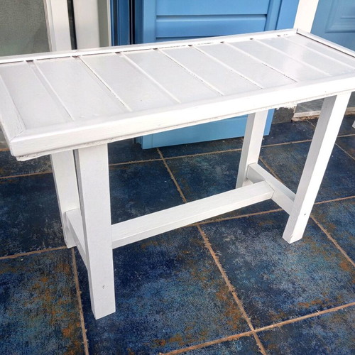 Handmade white solid wood bench-stool refurbished from France