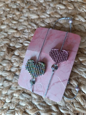 Macrame bracelets with heart and glass bead, new set of 2