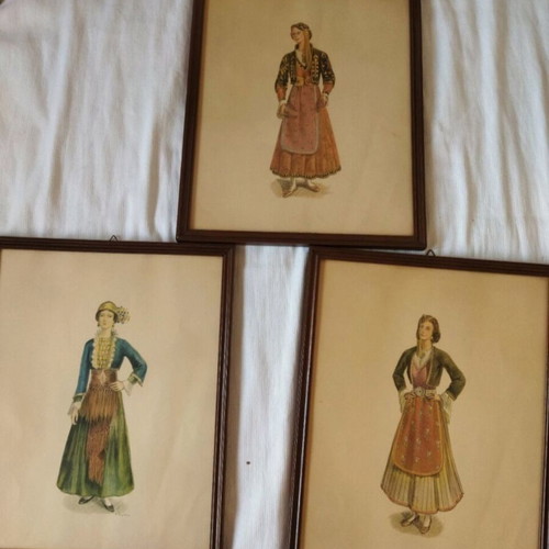 A.Tarsoulis 3 used Greek costumes chromolithographs in wooden frames 34x27 cm
