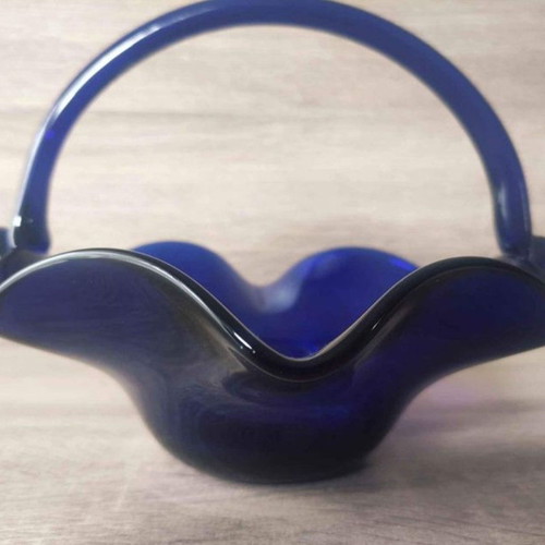 Murano crystal set used, blue basket with handle and dolphin ashtray