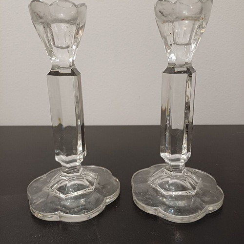 Crystal candlesticks set used, two pieces with flower design