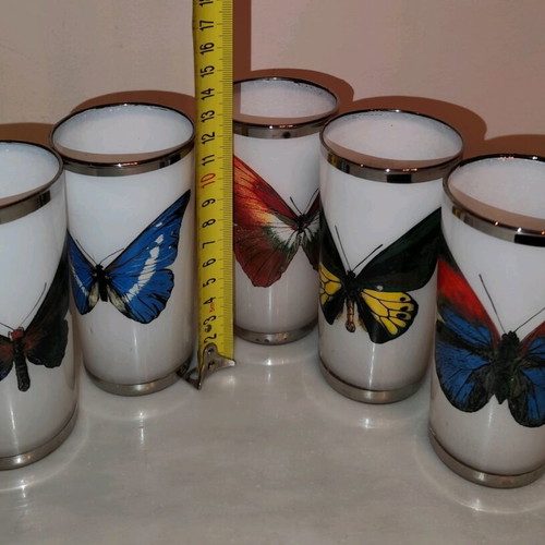 Vintage opaline glasses (5) with butterfly motifs and silver rim refurbished