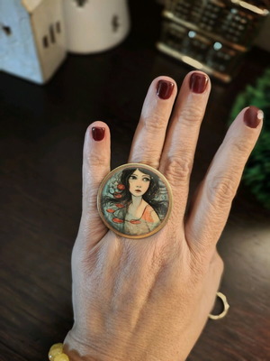 Large ring new with photo and liquid glass, multicolor