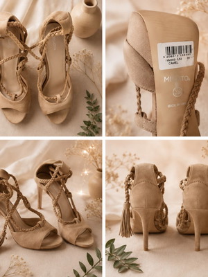 Migato Boho high-heeled sandals with braid and laces size 39 used, beige