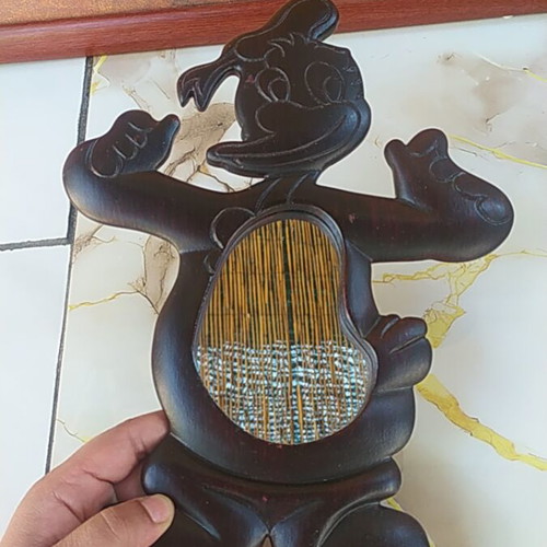 Vintage wooden wall mirror with Disney Mickey Mouse relief, dark brown