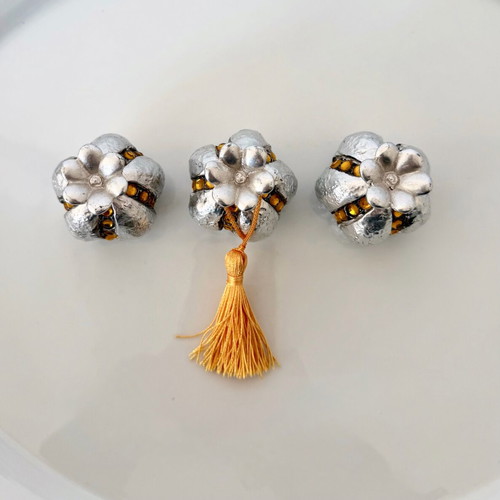 Set of 3 decorative pomegranate miniatures silver with crystals and tassel new