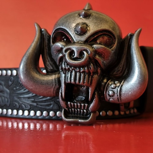Motorhead leather belt new, 120cm, black with Snaggletooth buckle