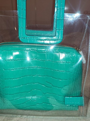 Staud Shirley bag with clear PVC outer tote and turquoise clutch pouch new