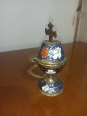 Bronze censer cloisonné used, 10 cm, blue enamel decoration