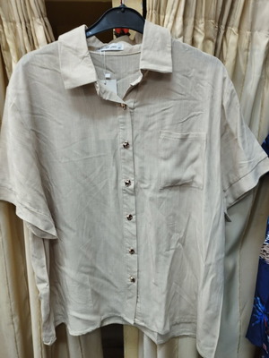 Women's short-sleeve shirt beige linen cotton with chest pocket