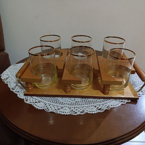 Vintage tray with 6 glasses new, wooden with crystal glasses