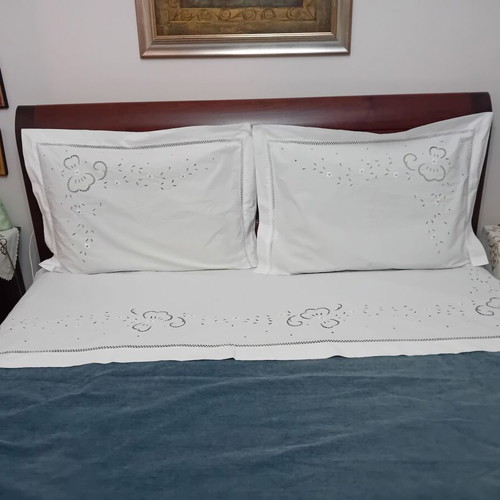 Handmade double cotton cutwork sheet with pillowcases