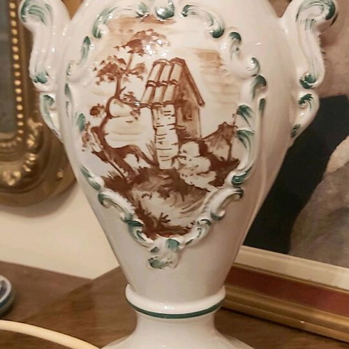Old French antique lamp made of white porcelain with handmade painting like new