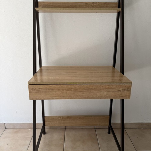 Desk with wooden surface, metal frame and drawer