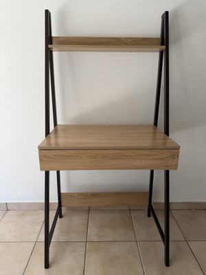 Desk with wooden surface, metal frame and drawer