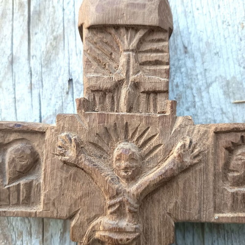 Handmade Acacia Wood Cross like new with Jesus Christ carving