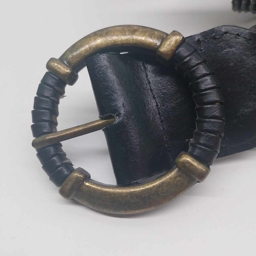 Vintage braided leather belt used, black, with brass buckle