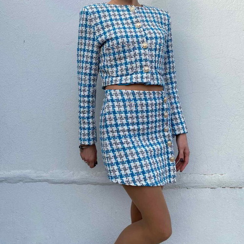 Crop blazer set with skirt like new, size S, white and turquoise