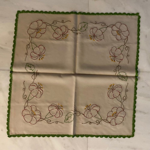 Handmade tablecloth with embroidery and lace used