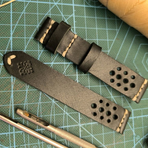 Handmade leather watch strap sewn by hand, Racer style