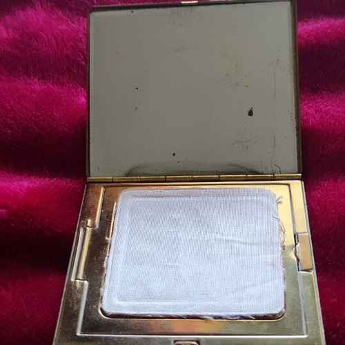 Vintage powder compact used, mother-of-pearl with original pompom
