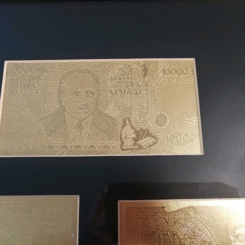 Greek paper money used from gold leaf in framed sets