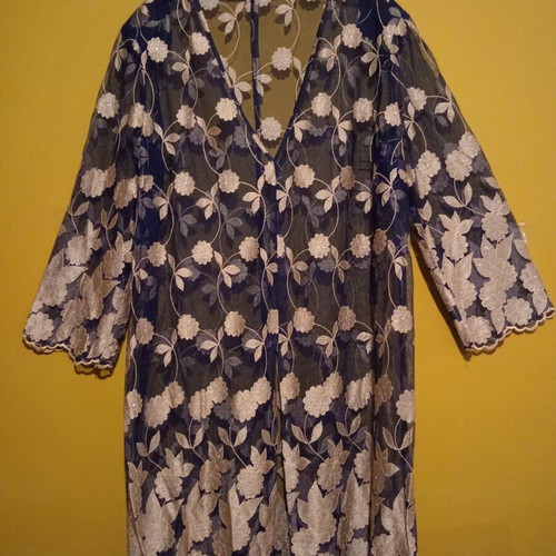 Dress kimono dark blue with gold beige floral embroidery and strass new L/XL